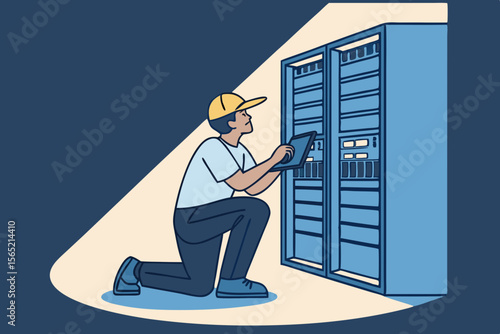 IT technician troubleshooting server system using a tablet in data center
