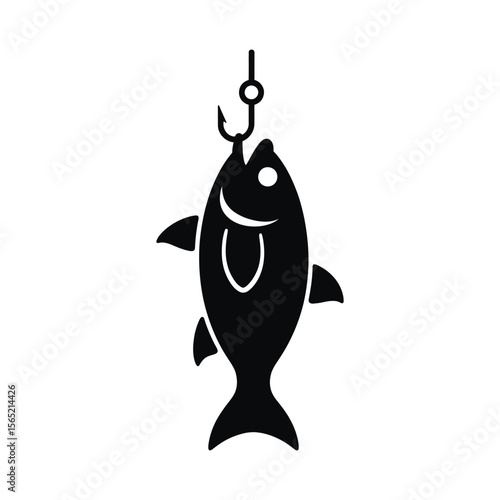 Black silhouette of a fish caught on a fishing hook isolated on white background