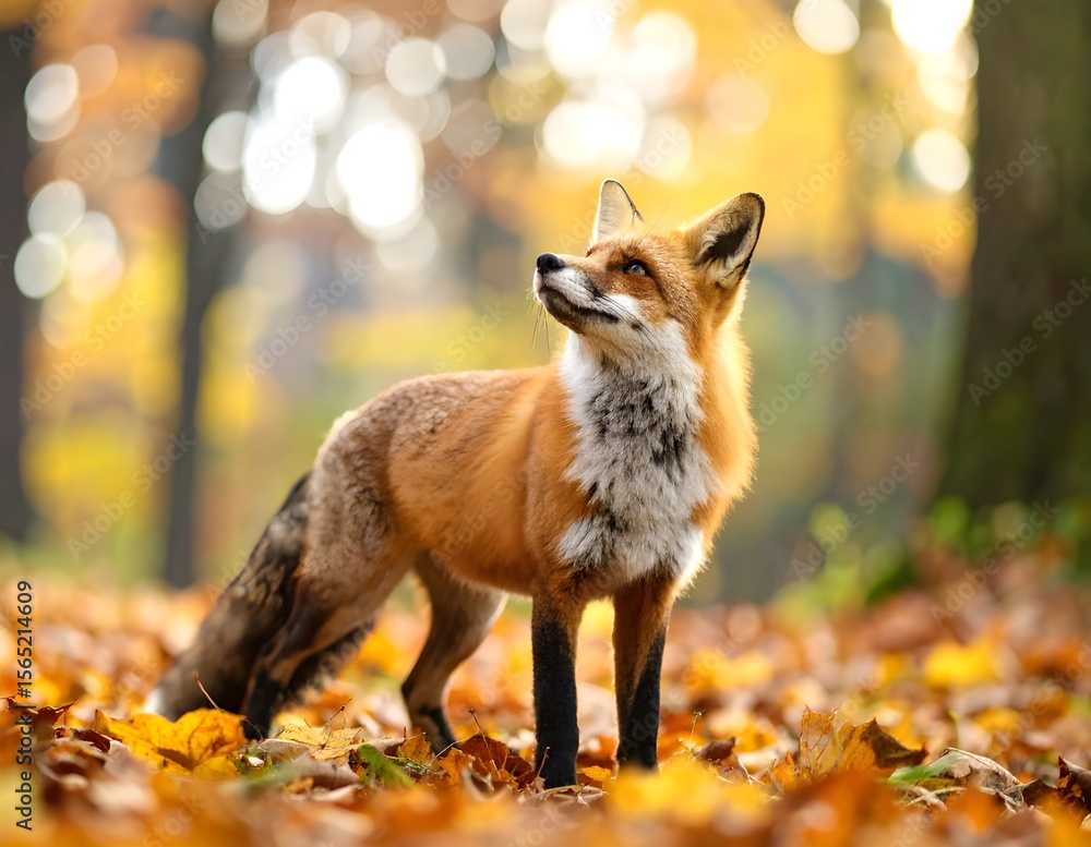 Obraz premium A vibrant red fox stands gracefully amidst a carpet of fallen autumn leaves in a blurred forest, looking intently upwards.