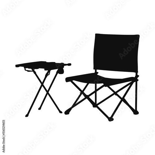 Black silhouette of a folding camping chair and table isolated on white background