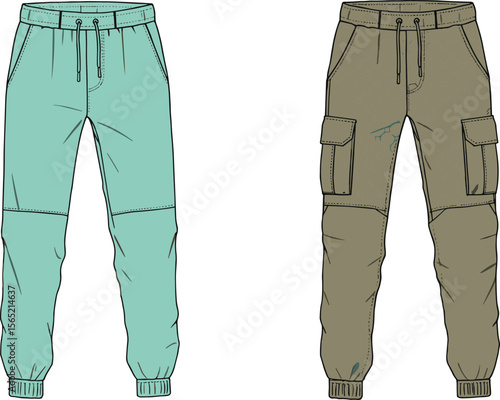 Men's jogger pants technical flat sketch, front view, cargo pockets, drawstring waist, ribbed cuffs, casual activewear fashion illustration flat vector illustration