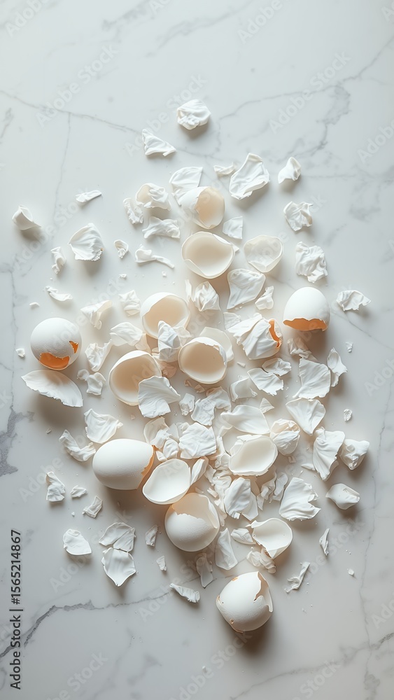 Fototapeta premium Eggshell Fragments Spread on a White Surface