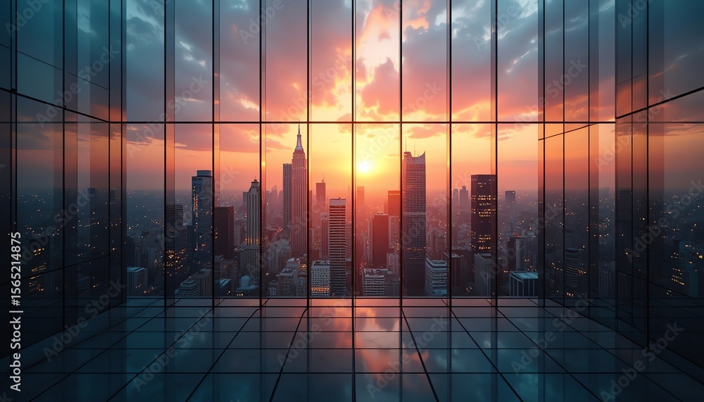 Fototapeta premium City skyline view from office window sunset