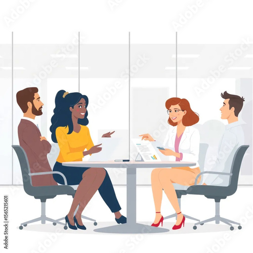 A group of four coworkers are discussing performance reviews. They are in a modern workspace with glass walls and open layouts.