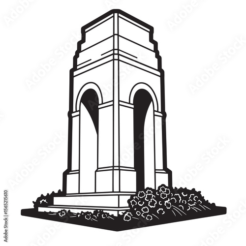 Architectural monument in black and white graphic depicting an historic landmark with arches