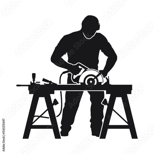 Carpenter using a circular saw on a workbench silhouette isolated on white background