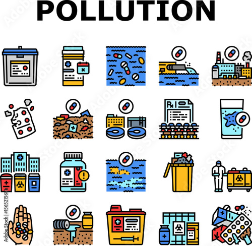 pharmaceutical pollution icons set vector