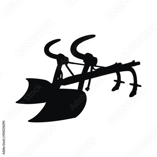 Traditional agricultural plow tool silhouette isolated on white background