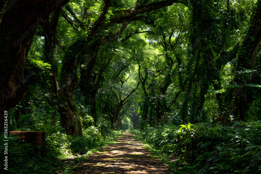 Fototapeta premium The Enchanting Journey Through Nature's Timeless Emerald Pathway of Reflection