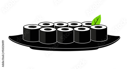 Black sushi rolls on a black plate with a green leaf on a white background with copy space
