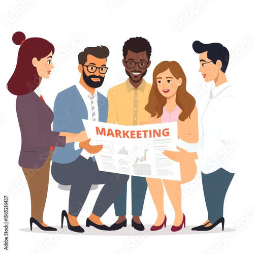 A group of five employees are reviewing a marketing plan. The atmosphere is professional yet relaxed.