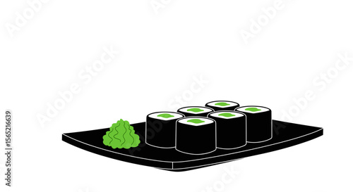 Sushi rolls with green filling and wasabi on a black plate against a white background with copy space
