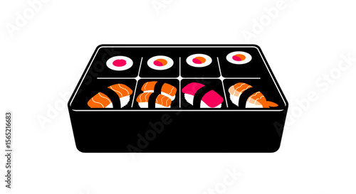 Black sushi box filled with assorted colorful sushi rolls on a white background with copy space