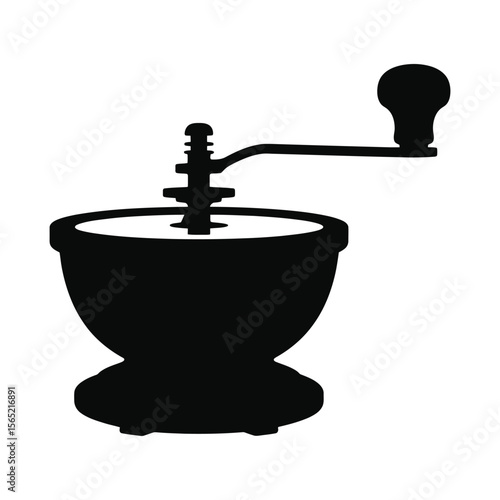 Vintage coffee grinder silhouette with crank handle isolated on white background