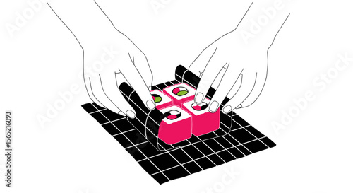 Hands placing pink sushi rolls on a bamboo mat on a white background with copy space
