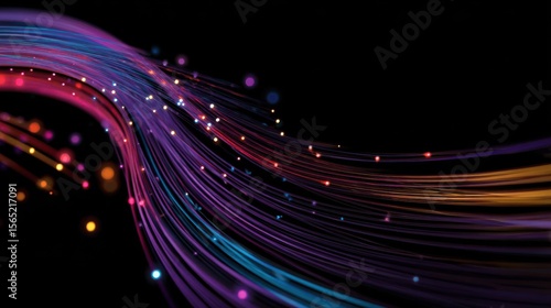 Black background with colorful lines and dots swirling around in the shape of a glowing fiber optic cable. Digital connectivity concept with tech network visual effect