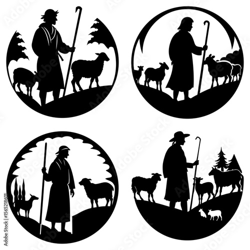 Silhouetted shepherd with sheep in circular designs featuring pastoral scenes and simple black shapes