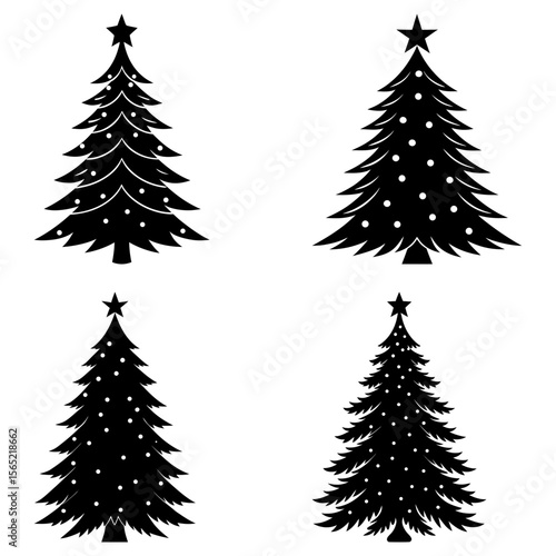 Four christmas trees with star toppers and circular decorations in a black and white vector illustration
