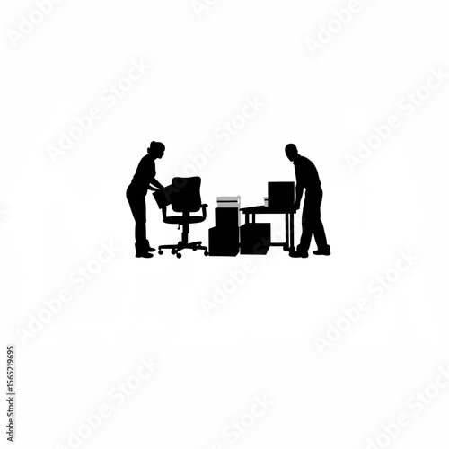 Silhouette of employees unpacking equipment in a new office setup on white background