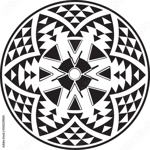 Native American vector round monochrome pattern. Geometric shapes in a circle. National ornament of the peoples of America, Maya, Aztecs, Incas.
