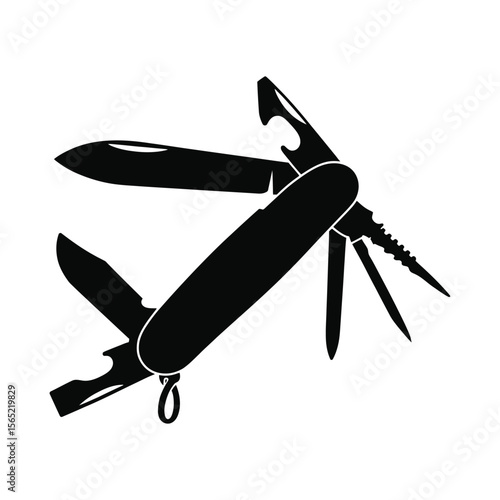 Black silhouette of a multi tool pocket knife with open blades and tools isolated on white background silhouette