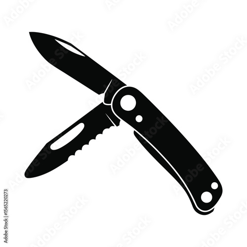 Open folding pocket knife with two blades silhouette isolated on white background
