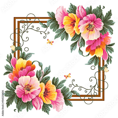 Floral Frame Fantasy: A vibrant square frame adorned with a profusion of blooming flowers and delicate butterflies.