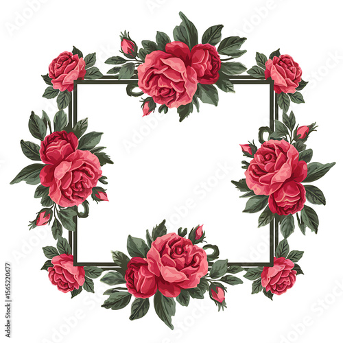 Floral Square Frame: Elegant square frame adorned with blooming red roses and lush green leaves, perfect for adding a touch of vintage charm to your designs.