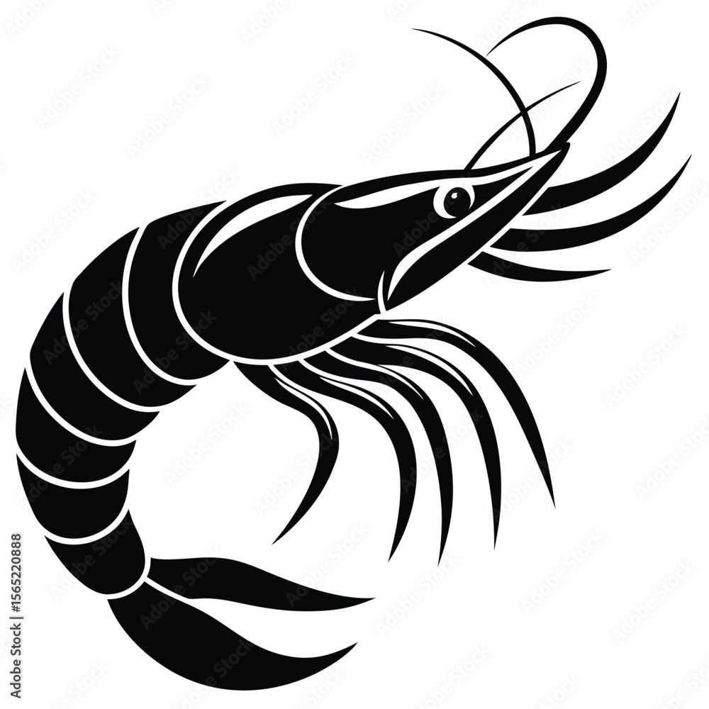 Naklejka premium Stylized black silhouette of a shrimp with segmented body and antennae
