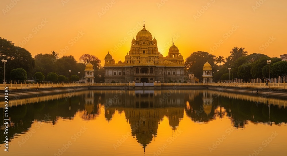Obraz premium Golden Temple Vellore at Sunrise – Peaceful HDR Landscape Photo