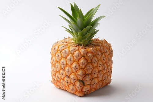 A perfectly cubic pineapple with bright green leaves is the result of genetic modification and bioengineering.