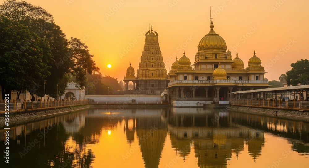 Obraz premium Golden Temple Vellore at Sunrise – Peaceful HDR Landscape Photo