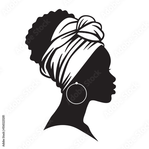 Elegant silhouette of an african american woman wearing a headwrap and large hoop earring