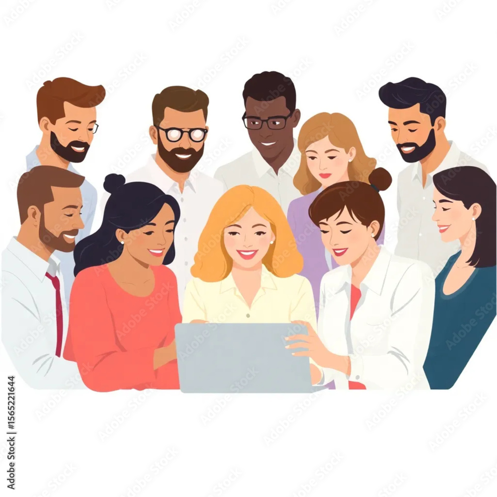 A group of nine employees are collaborating on a laptop. The group includes men and women of different ages and backgrounds. A group of nine employees are collaborating on a laptop. The group includes men and women of different ages and backgrounds.