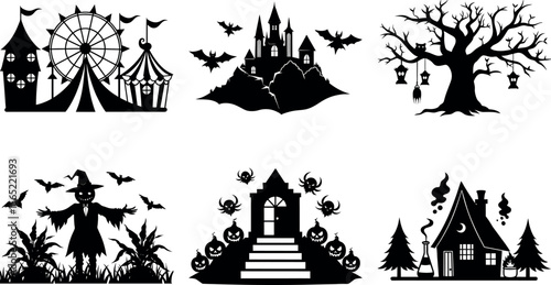 Halloween Silhouette Vector Bundle – Haunted House, Ghost, Witch, Tree,Circus on White Background