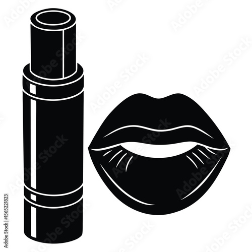 Stylish black and white illustration of lipstick next to alluring lips