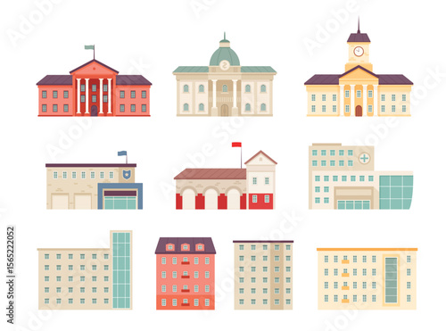 Set of nine cartoon government  residential buildings of varying shapes colors  architectural styles arranged in a grid