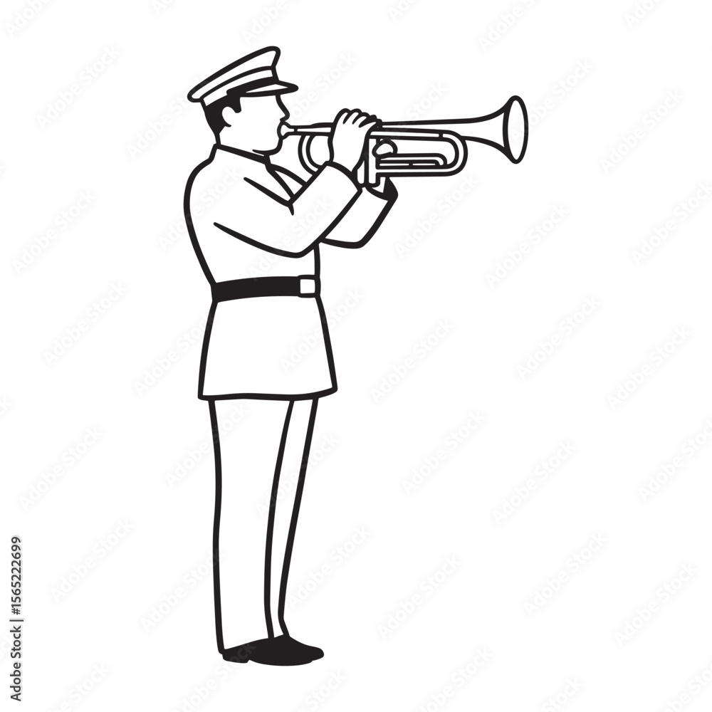Fototapeta premium Illustration of a military trumpeter in uniform playing a brass instrument isolated