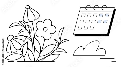 Flowers blooming alongside a calendar and a small cloud emphasizing growth, planning, and nature. Ideal for themes thumbs up scheduling, wellness, seasonal focus, gardening, eco-consciousness