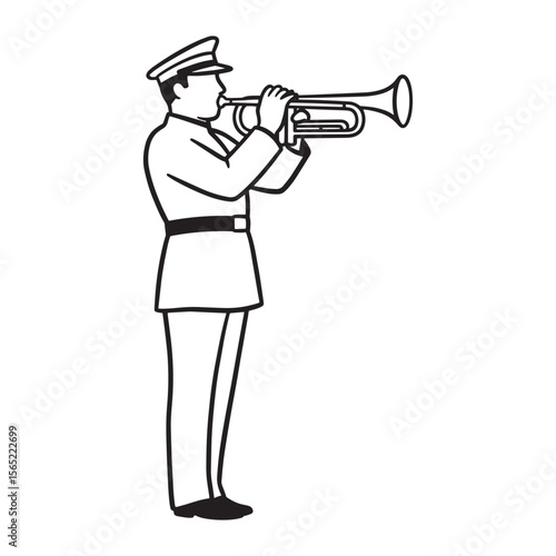 Illustration of a military trumpeter in uniform playing a brass instrument isolated