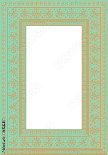 Vector square gold with green ancient Russian ornament. Slavic rectangle, border, frame. Painting of the royal chambers.
