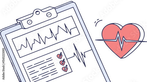 Heart health checkup medical report with heartbeat line on clipboard for cardiology awareness day