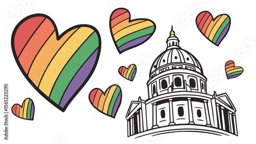 Lgbtq+ pride hearts and state capitol building illustration for pride month celebration and lgbtq+ community