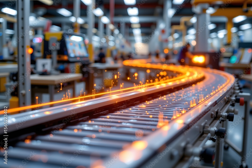 Industrial Conveyor Belt: A dynamic conveyor belt weaves through a modern factory, its metallic form highlighted by a warm, golden glow, depicting the automated movement of materials in the industry Industrial Conveyor Belt: A dynamic conveyor belt weaves through a modern factory, its metallic form highlighted by a warm, golden glow, depicting the automated movement of materials in the industry