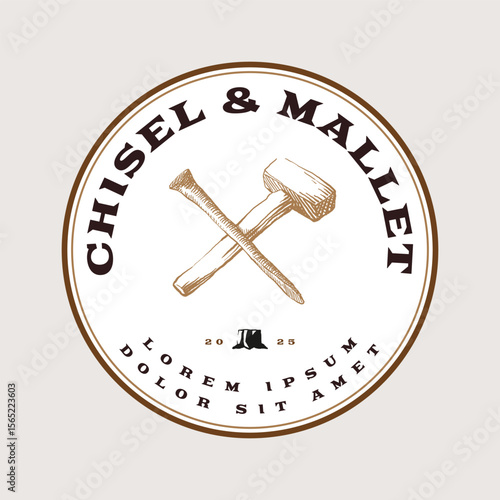 Illustration of  chisel and mallet with small cut tree stump hand drawn circle badge vintage style for carpenter, wood carving, studio art logo icon industrial category