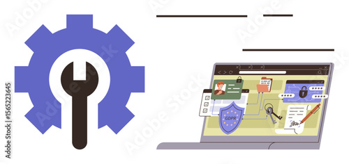 Gear with wrench symbol next to a laptop displaying security shield, online connectivity, and configuration tools. Ideal for technology, cybersecurity, IT management, data protection, software