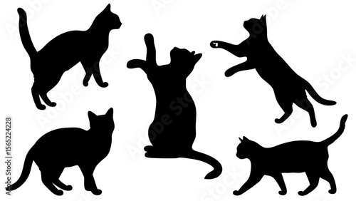 Cat silhouettes vector illustration set. Collection of black cat shapes in various poses, isolated on white background. Perfect for pet, animal, and decorative design projects.