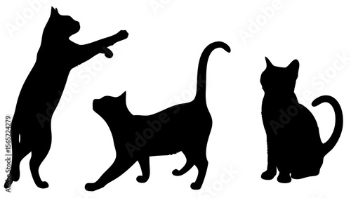 Cat silhouettes vector illustration set. Collection of black cat shapes in various poses, isolated on white background. Perfect for pet, animal, and decorative design projects.