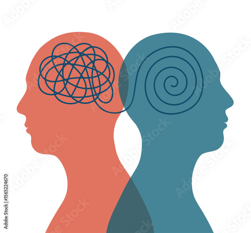 Two head silhouette bipolar disorder mind mental health tangle untangle brain psychology concept