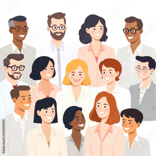 A large team of twelve executives are participating in a team-building workshop. Everyone is smiling or nodding, showing active participation.